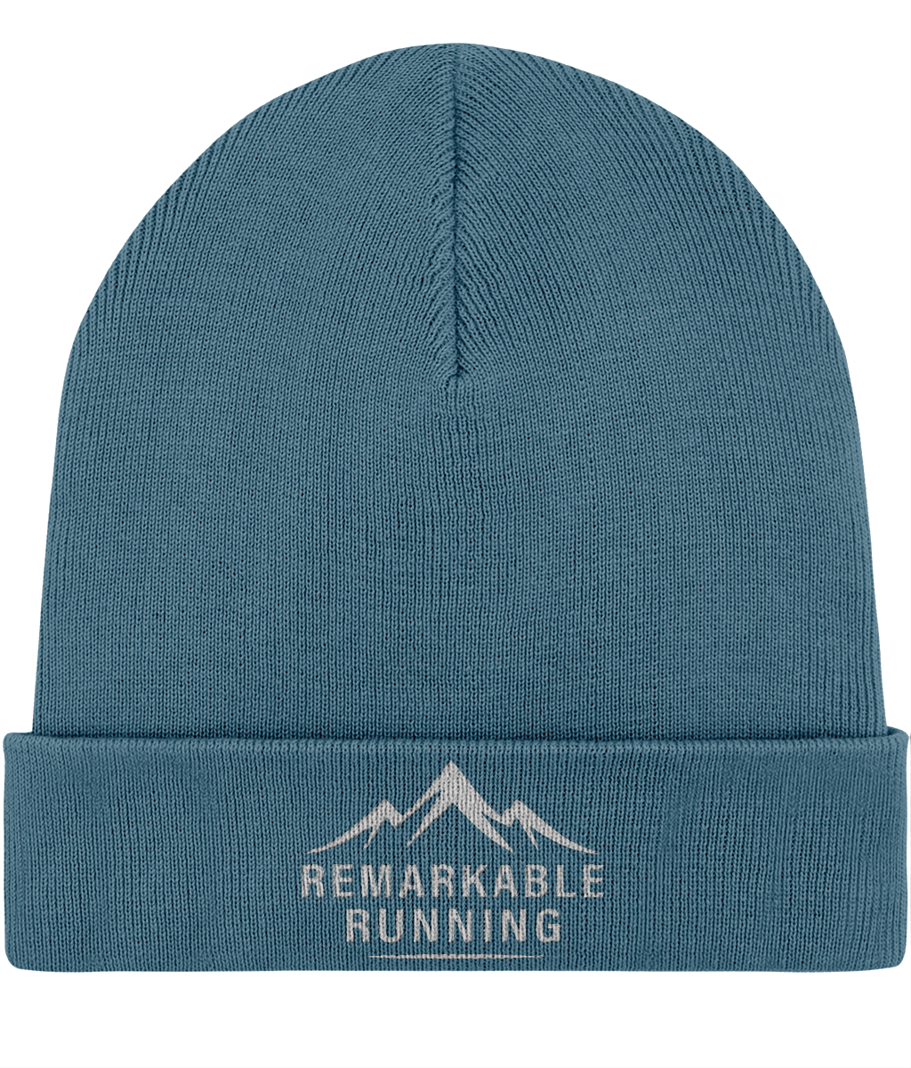 Turquoise 'Remarkable Running' branded woolly hat with foldable brim 