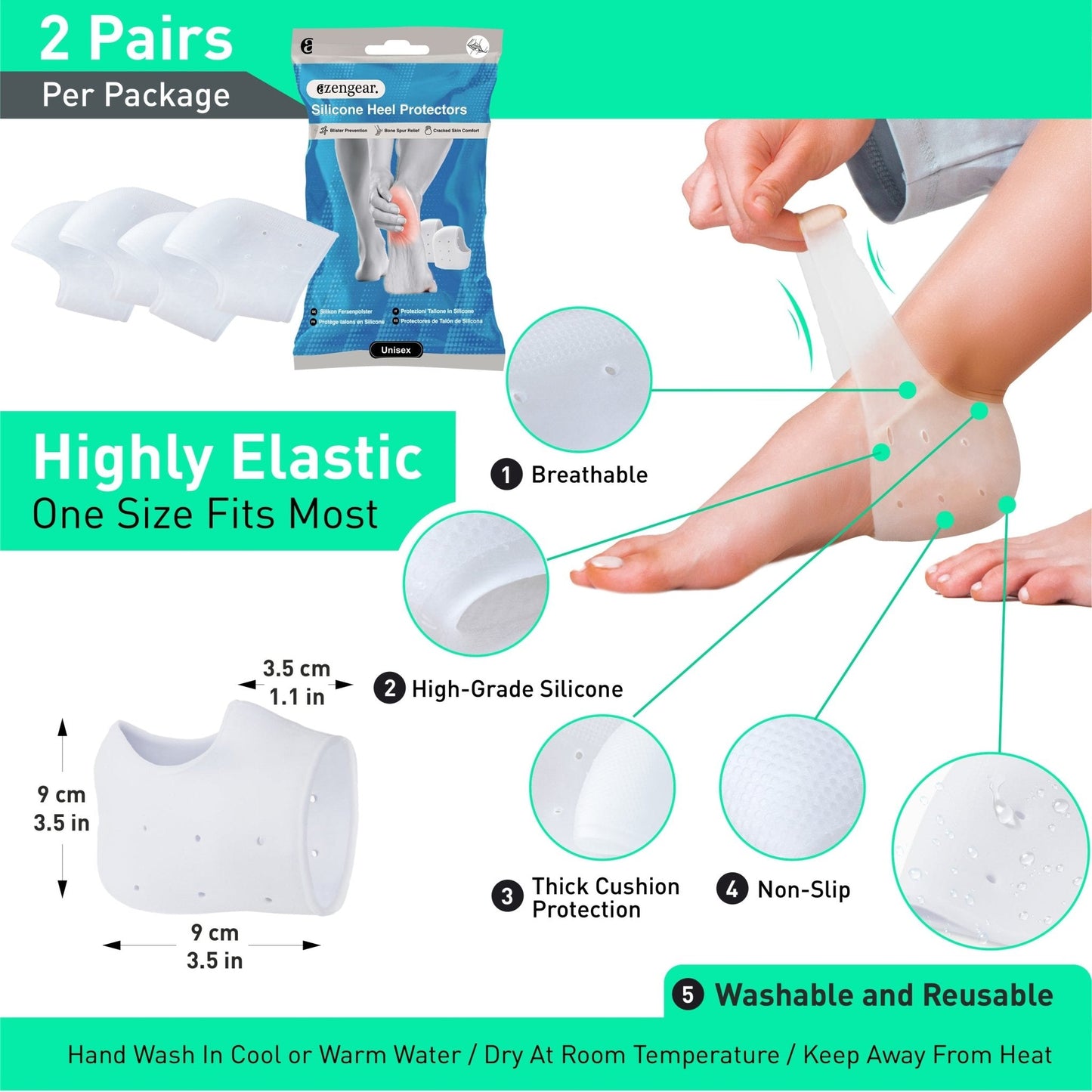 Silicone heel protectors with packaging, usage demonstration, and feature highlights on a green background.