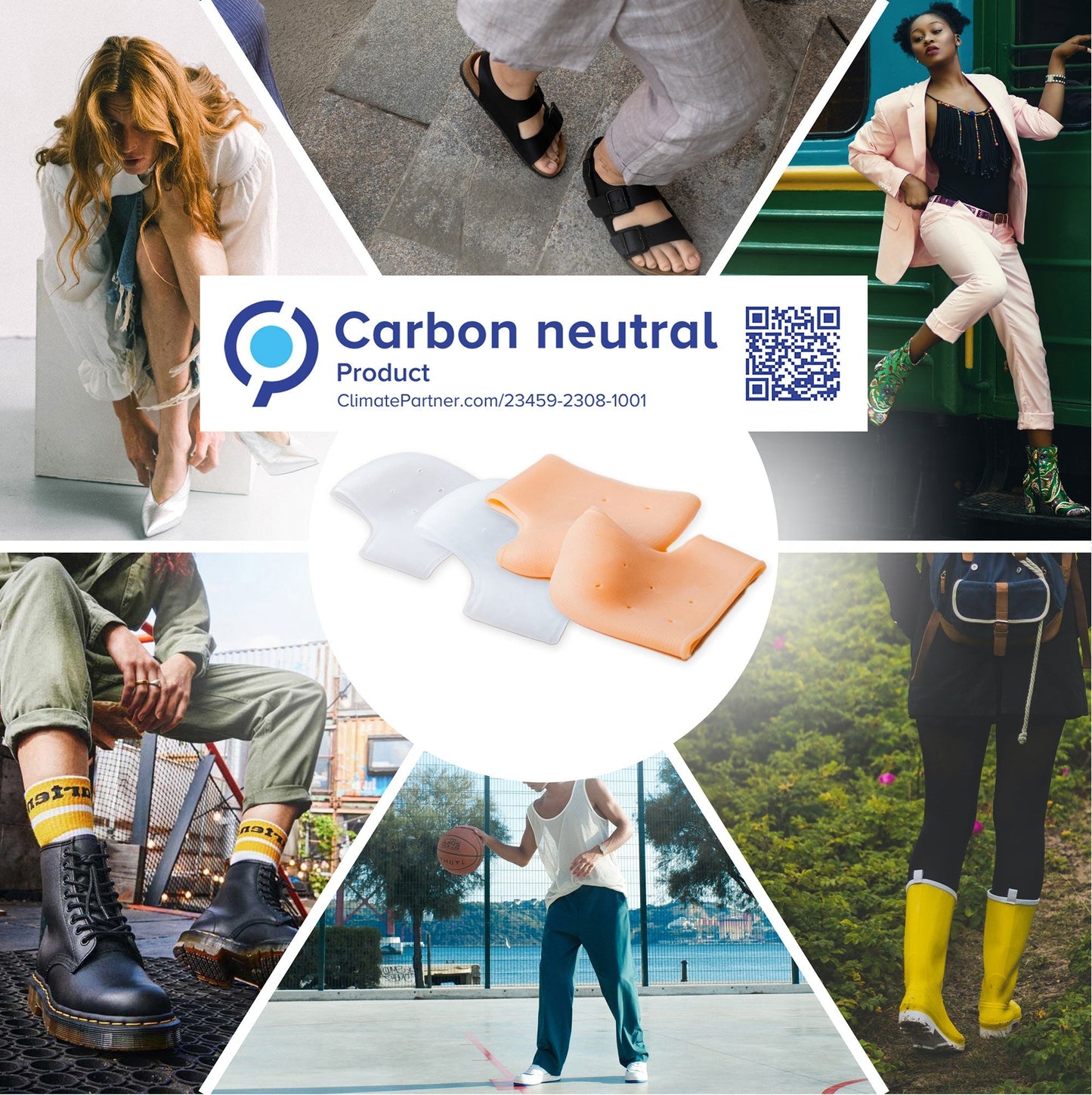 Collage of people wearing shoes and clothing with a Carbon Neutral Product label.