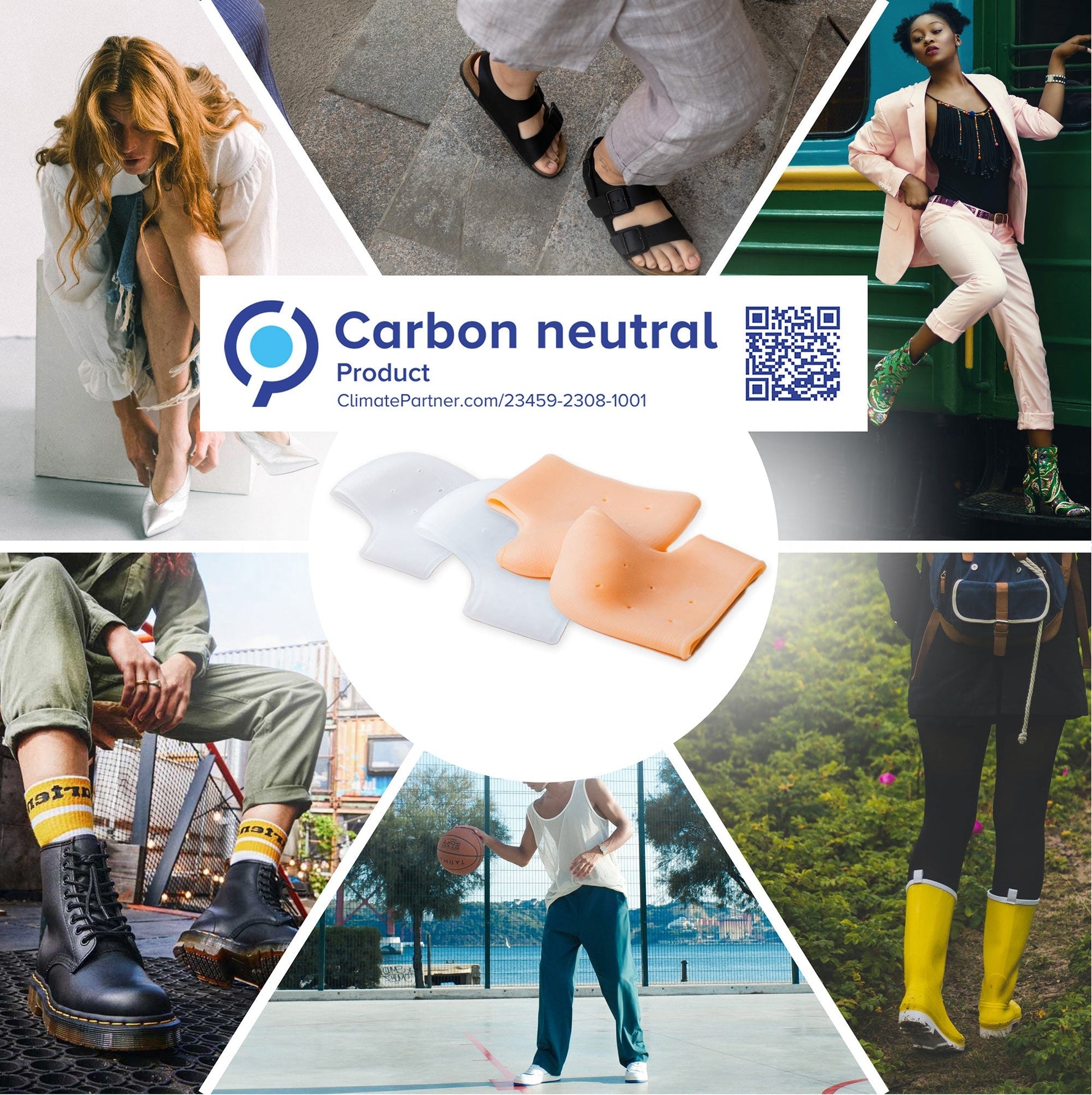 Collage of people wearing shoes and clothing with a Carbon Neutral Product label.