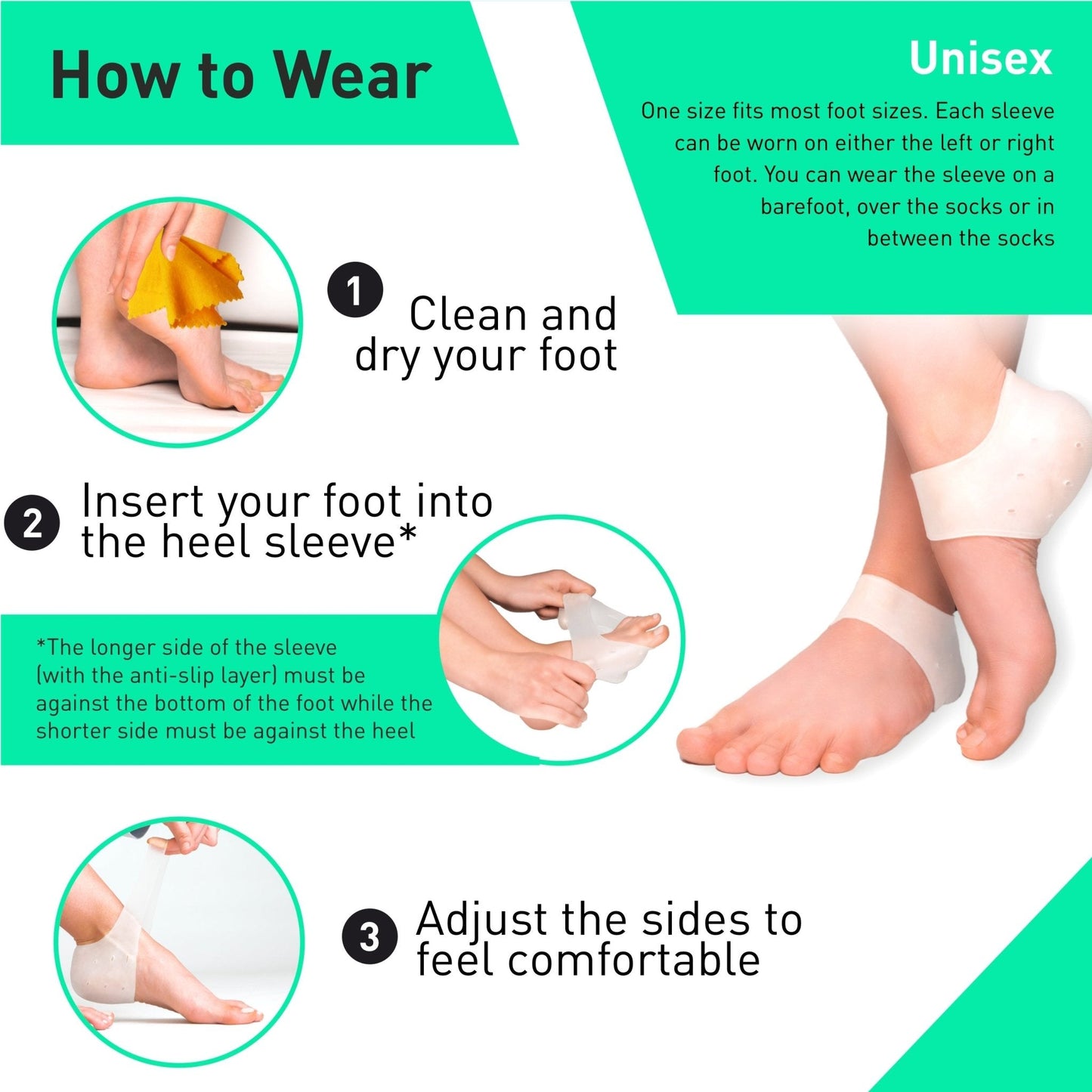 Instructions on how to wear a heel sleeve with illustrations and text.