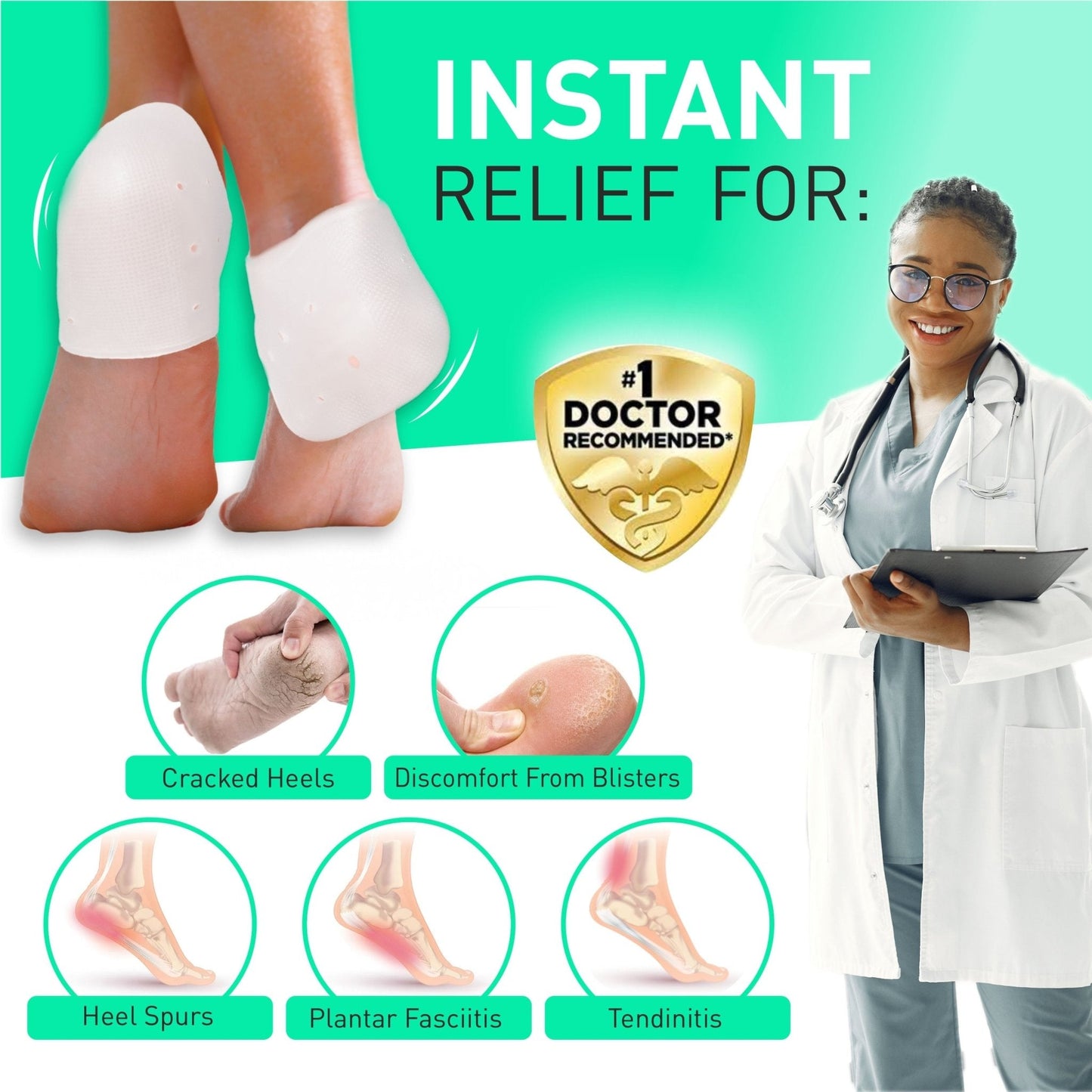 Product advertisement with a doctor and foot care solutions for cracked heels, blisters, heel spurs, plantar fasciitis, and tendinitis.
