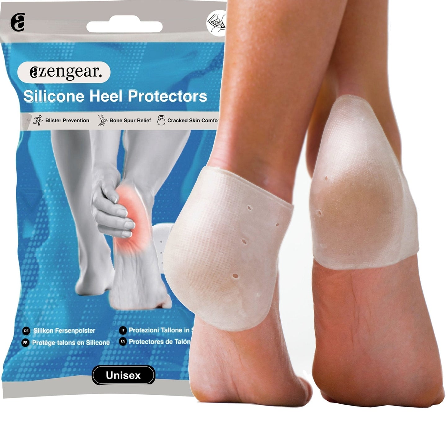 Silicone heel protectors with packaging and a person wearing them on feet.